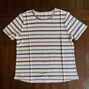 Candace Cameron Bure SS Tee in Aqua Multi Stripe, Women's Size M
